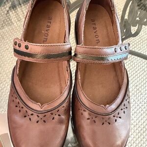 Aravon Brown Leather Mary Jane Flats with Decorative Strap 9B